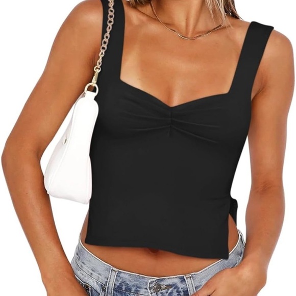 NWT ReoRia Ruched Sweetheart Side Slit Y2K Cropped Tank Top Black Size L - Picture 1 of 9